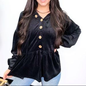 NEW BLACK velvet corduroy Boutique Peplum Hoodie sweater top by Blue Buttercup